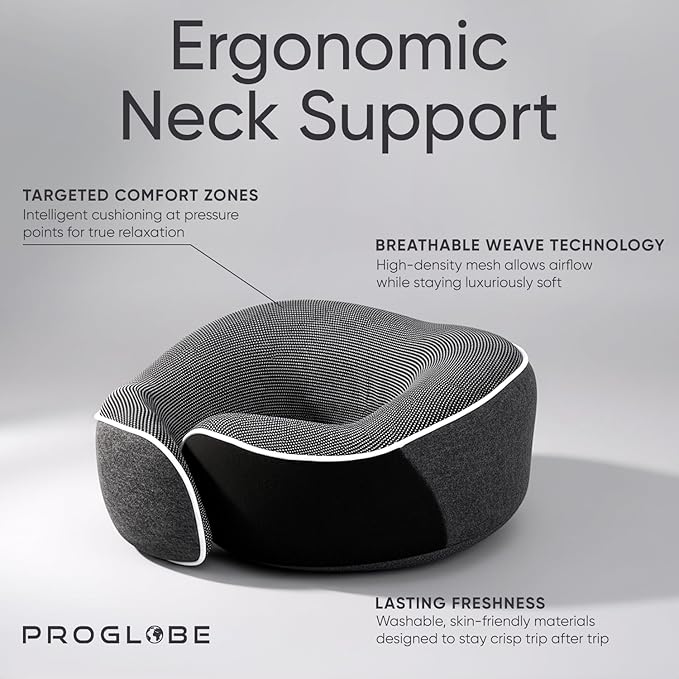 Proglobe Travel Neck Pillow 100% Memory Foam – Airplane & Car Travel Essentials Kit with 3D Eye Mask, Earplugs & Mesh Bag – Sleeping Support Pillow for Adults (Dark Grey)