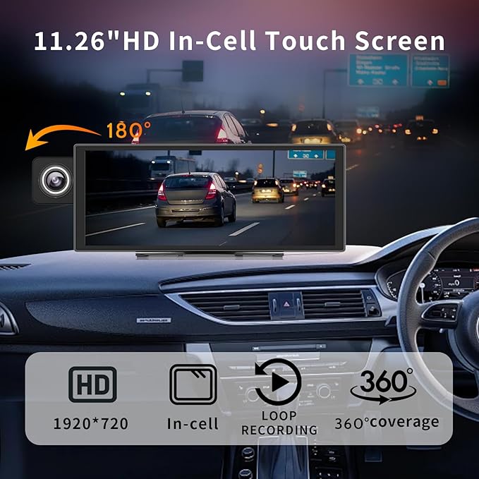 11 inch Wireless Apple CarPlay & Android Auto Screen for Car with 4K Dash Cam,Ultra-Light Touchscreen, IP68 1080P Backup Camera, GPS Navigation, Voice Control, Mirror Link(64GB U3 Card)