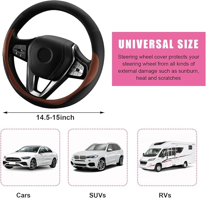 Car Steering Wheel Cover, Universal 15" Anti-Slip Auto Steering Wheel Protector for Men Women, Breathable Odor Free Leather Steering Wheel Car Accessories Fit Most Vehicles (Coffee)