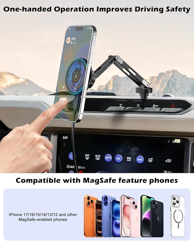CloudValley 15W Magnetic Wireless Car Charger Phone Mount for Ford Bronco 2021-2026 2/4 Door Badlands, Off-Road Stable Dash Phone Holder with 360° Adjustable Aluminum Alloy, No Drill Install