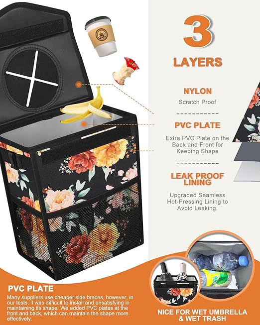 Pritent Car Trash Can with Lid, Cute Leakproof Car Trash Garbage Bag Hanging Vehicle Trash Bin Small Portable Automotive Garbage Cans Organizer for Back/Front Seat/Console(2.8 Gallons,Rose)