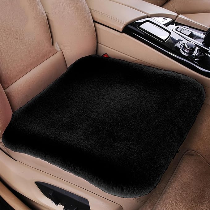 Plush Car Seat Cushion, Soft Warm Fuzzy Faux Rabbit Fur Fluffy Plush Auto Seat Cover Vehicle Car Front and Back Seat Protector Pad with Non-Slip Backing Cushion Interior Universal Fit (Black,Front*1)