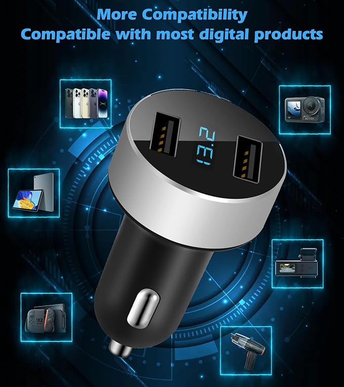 LIHAN 2 USB Car Charger,12V/24V Voltage Meter, Output 4.8A, Cigarette Lighter Plug Adapter Compatible with iPhone,iPad, Samsung, USB Charging Devices, Silver
