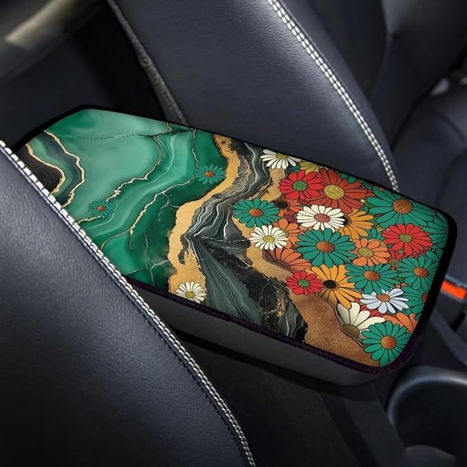 Coldinair Teal Marble Universal Car Center Console Pad Flower Soft Armrest Protector Cover Fit for Most Vehicle,SUV,Truck,Car Interior Accessories Decor