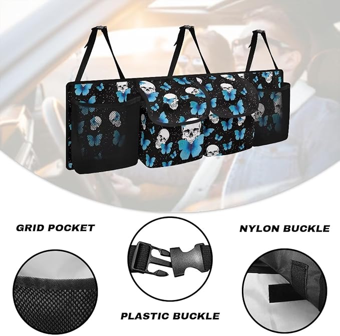 Skull Butterfly Car Trunk Organizer Foldable Auto Backseat Storage Bag with 4 Pockets Hanging Auto Accessories Suitable Most Sedans SUVs Trucks Vans