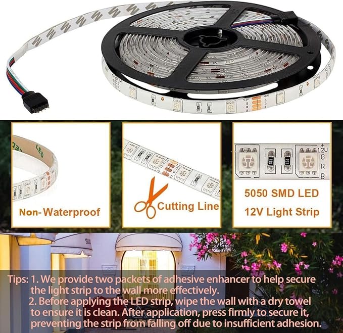 SUPERNIGHT LED Strip Lights, RGB Color Changing 16.4Ft SMD5050 LEDs Flexible Light Strip Rope Lighting Kit with 44 Key Remote Controller and 12V Power Supply for Bedroom TV Backlight Christmas