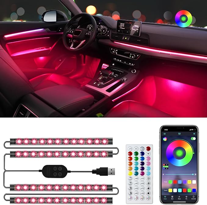 Hovano Car Interior LED Lights, APP Control with USB Port, RGB Color Change with Music Sync & DIY Mode, 48 LEDs Lights for Under Dash Running Board Truck