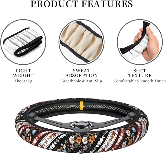 Boho Floral Steering Wheel Cover Women Men Flower Elastic Stretch Soft Car Wheel Protector Universal Breathable No-Slip Car Accessories for Truck Van SUV Auto Fit 14-15 Inches
