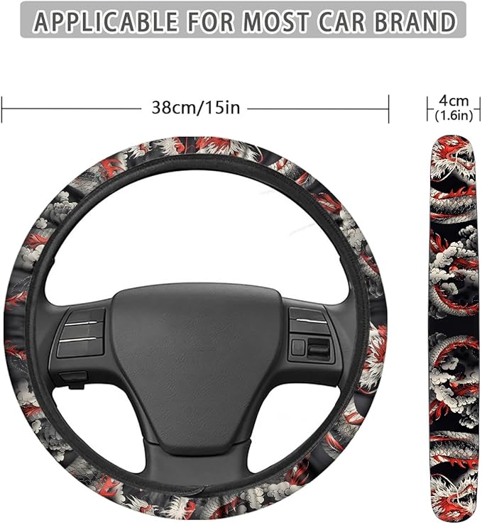 AFPANQZ Cool Dragon Print Car Steering Wheel Covers Sweat Anti-Slip Soft Grip Universal 14-15 inch Stretch-on Fabric Steering Wheel Soft Protector Steering Wheel Covers Car Accessories