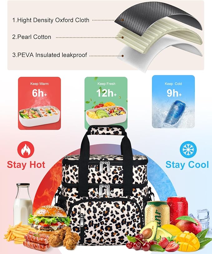 Insulated Lunch Bag for Women, Double Leakproof Lunch Box Soft Cooler Tote with 5 Pockets, 600D Oxford, EVA Lining, Adjustable Strap for Work, Picnic, Beach&Travel-Leopard Print