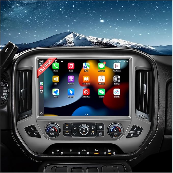 13.1" QLED Car Radio Stereo Upgrade for Chevy Silverado & GMC Sierra 2014-2018, 8-Core Head Unit 4GB+64GB with CarPlay/Android Auto, 2K Touch Screen and 1080P Backup Camera (4+64 Silver)