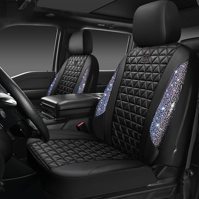 CAR PASS Bling Diamond Black Leather Car Seat Covers Full Set Interior Sets, Waterproof Shining Glitter Sparkly Crystal Armrest Fit Automotive Truck SUV Cute Women Girl, Bedazzed Iridescent Rhinestone