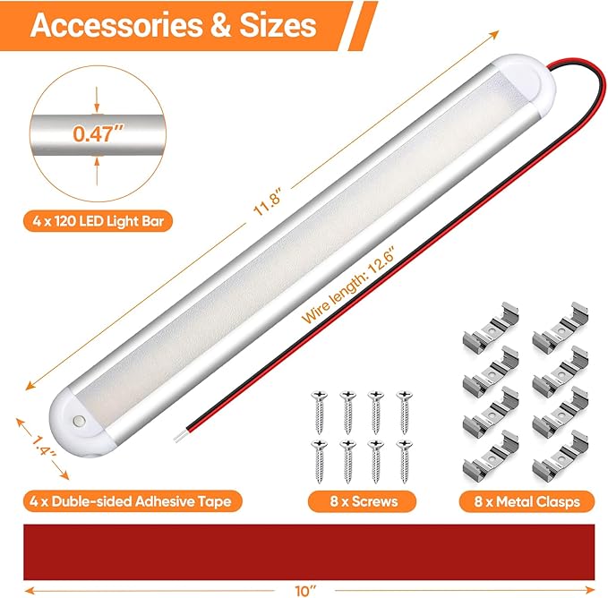 CT CAPETRONIX 12v Led Light Bar Strip, 120LEDs 1300LM 7W DC 12 Volt Led Strip Lights Fixtures with Switch, Enclosed Trailer Lights for RV Interior, Van, Truck Lorry, Camper, Boat, Caravan (4Pcs)