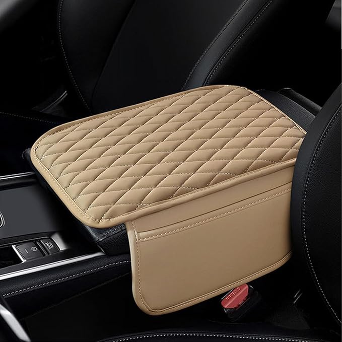 Car Center Console Cover,Leather Armrest Cover Cushion with 2 Storage Bags Universal Car Armrest Seat Box Pad Car Interior Accessories Protector for Most Vehicle(Beige)