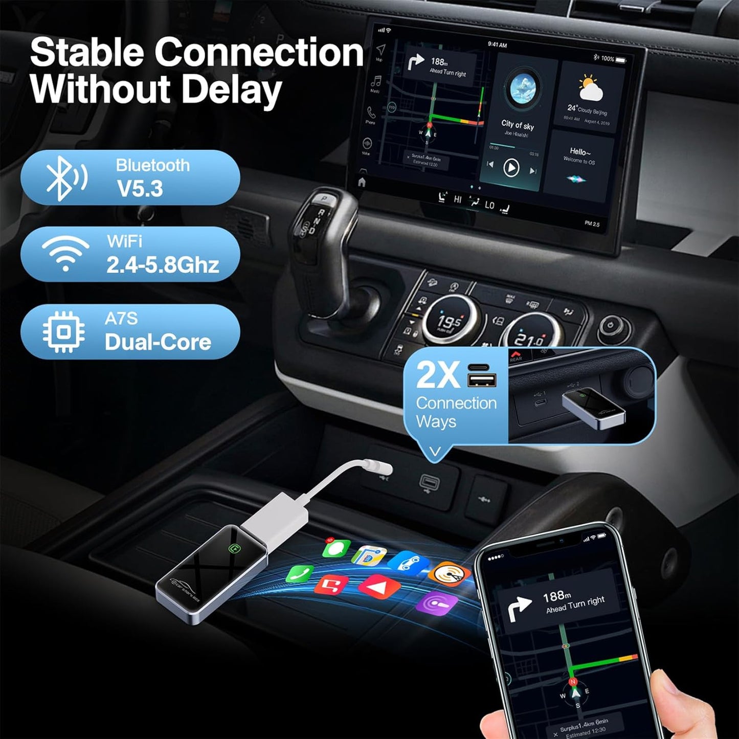 Wireless CarPlay Adapter for Apple - 2025 Slim Edition, Plug & Play Connection Converts Factory Wired to Wireless CarPlay Adapter for iPhone CarPlay Dongle for iOS 10+ (Black)