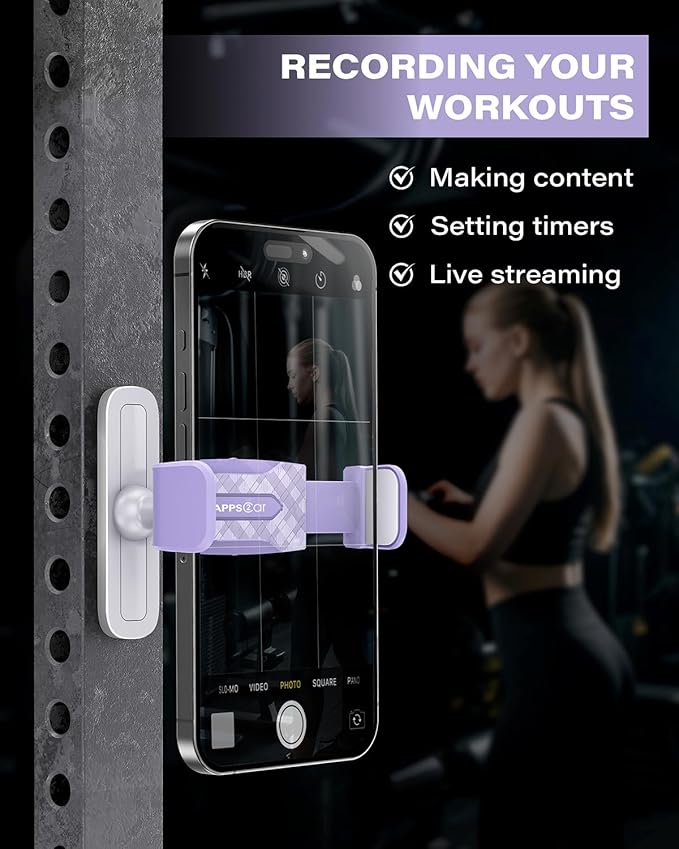 APPS2Car Gym Magnetic Phone Holder, 360 Adjustable, Compatible with 4.7-6.5" Smartphones, Alloy Base and Joint, Gym Accessories for Women, Purple