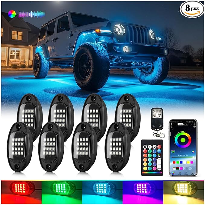 8Pods Segmented RGB LED Rock Lights Kit for Jeep Trucks UTV ATV Golf Cart RZR SXS Offroad Four Wheeler with APP/RF Remote, Multi Color Underglow Light Waterproof Music Neon Underbody 12V