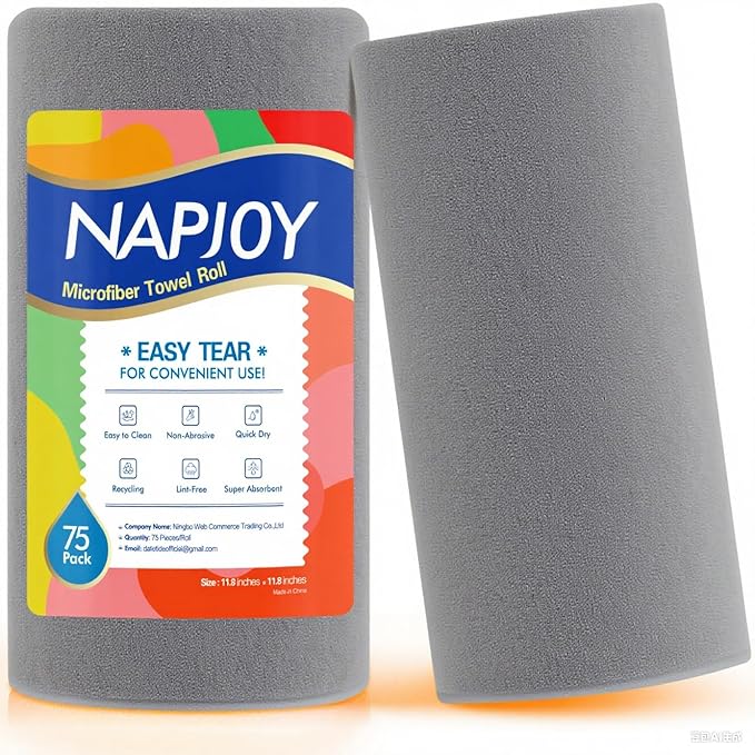 Napjoy Microfiber Cleaning Cloth Roll, 75PK Easy Tear Away Reusable Paper Towels, 12" x 12", Lint-Free and Scratch-Free with Patented Fiber Technology Microfiber Towel Roll, Grey