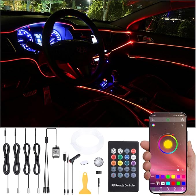 Car Ambient Lighting Kit 64 Colors Multicoloured Music Optic Fiber RF Remote + APP Control Car DIY Decorative Atmosphere Lighting DC 12V 1W 4m