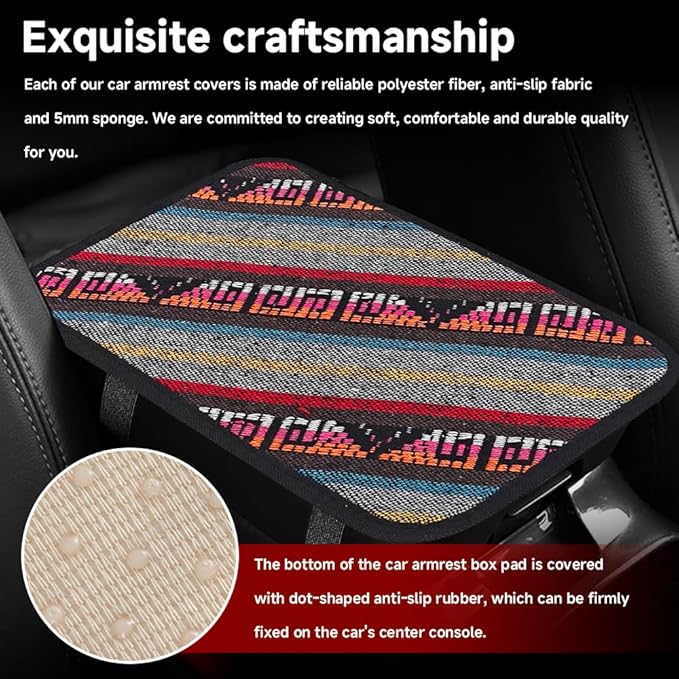 Bohemian Universal Armrest Cover Pad, Car Center Console Cushion, Boho Ethnic Style Auto Armrest Decorative Pad with Elastic Straps, Car Arm Rest Cover Protector for Vehicles (Armrest Cover-C)