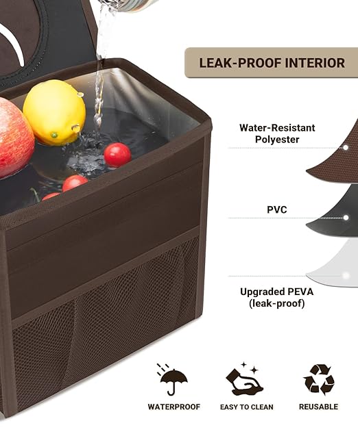Capolo Car Trash Can with Lid, Leakproof Car Trash Bag Hanging Waterproof Automotive Garbage Can with Storage Pockets Mini Vehicle Trash Bin for Back/Front Seat(Brown,2.5 Gallon)
