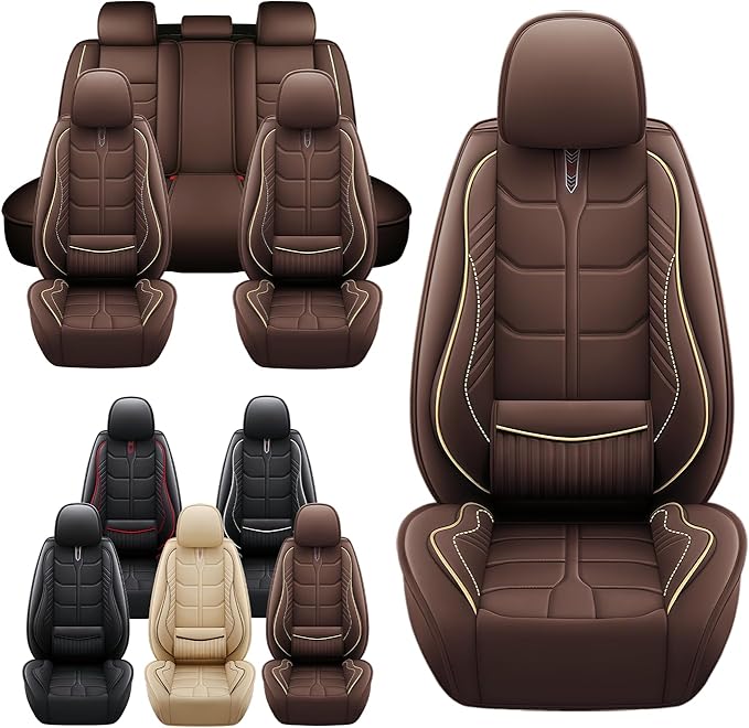 Leather Car Seat Covers Fit for Toyota Sequoia 2001-2024, 5 Seater Car Seat Cover, Premium Waterproof, Scratch Resistant Car Interior Accessories (Full Set Coffee)