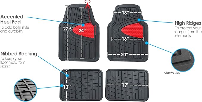 FH GROUP Car Seat Covers Premium Tall Channel Rubber Trimmable Floor Mats w. FH3001 Snake Pattern Silicone Steering Wheel Cover- Universal Fit for Trucks, SUVs, and Vans (Red/Black) F11311
