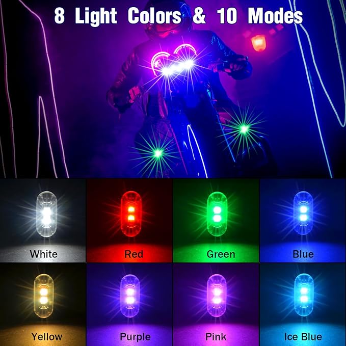 4PCS Wireless LED Strobe Lights with Remote Control, 8 Colors Rechargeable Led Lights Anti-Collision LED Emergency Warning Lights for Car Motorcycle Bike Drone Aircraft