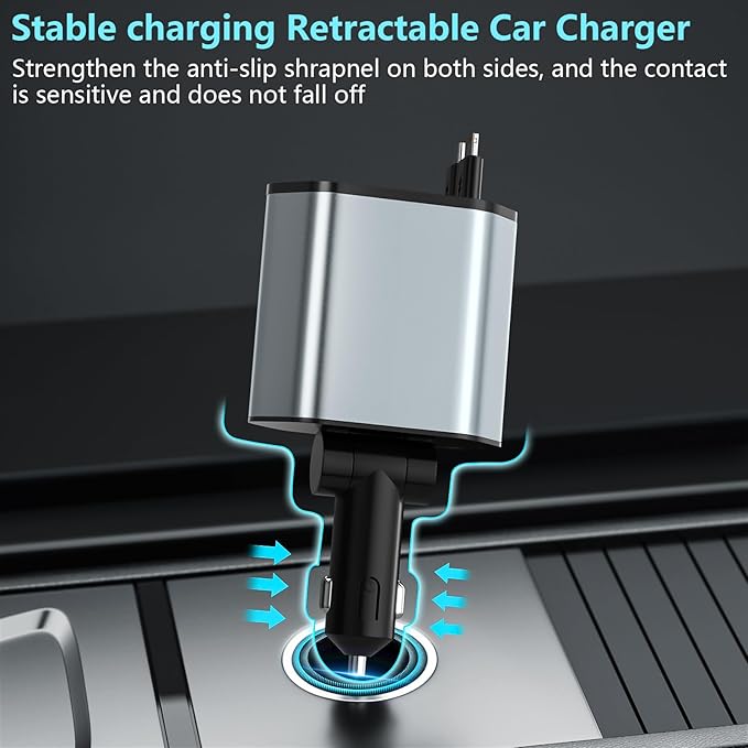 Retractable Car Charger, 120W 2.7Ft Retractable Cables and 4 Electronic Ports, Car Accessories Compatible for iOS & Android Cell Phones All Device Charging