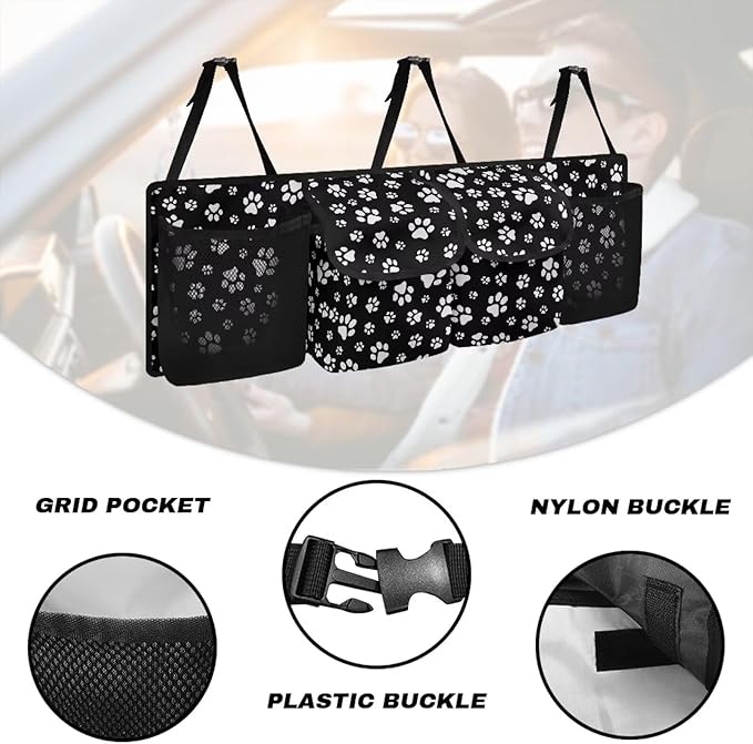 Black White Dog Paw Hanging Trunk Organizer, Foldable Car Trunk Organizer Back Seat with 4 Large Pockets, Hanging Trunk Organizer Universal for Vehicles