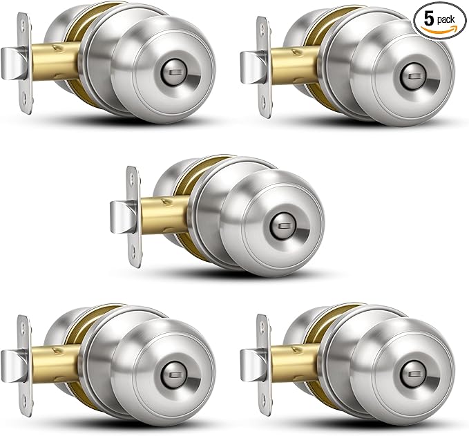 Plustool 5 Pack Brushed Nickel Door Knobs,Privacy Door Knob with Lock, Interior Doorknobs Silver, Keyless Door Locks Set for Bedrooms Bathrooms, Reversible for Left/Right Door Handle