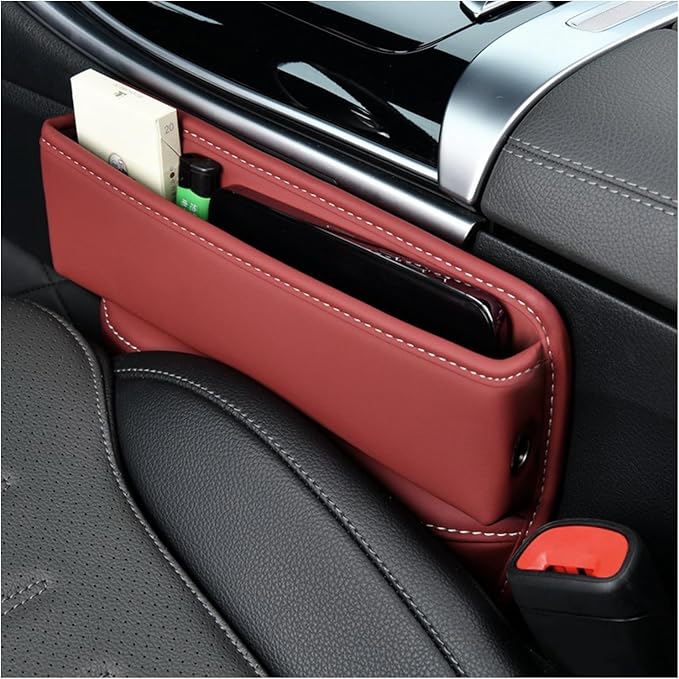 Ziciner Car Seat Gap Organizer, Premium Leather Auto Seat Storage Box, Vehicle Adjustable Front Seat Gap Filler, Car Seat Side Pocket Organizer for Phones, Glasses, Keys, Money, Cards (Red)