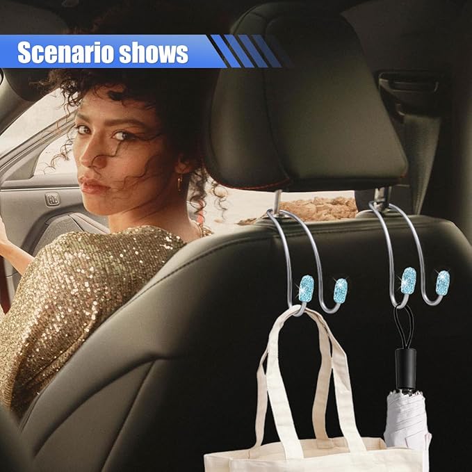 2PCS Car Headrest Hook Hangers, Bling Stainless Steel Car Backseat Holder, Strong Car Headrest Storage Hooks, Universal Car Organizers Accessories for Coats Umbrellas Grocery Handbags (Blue)