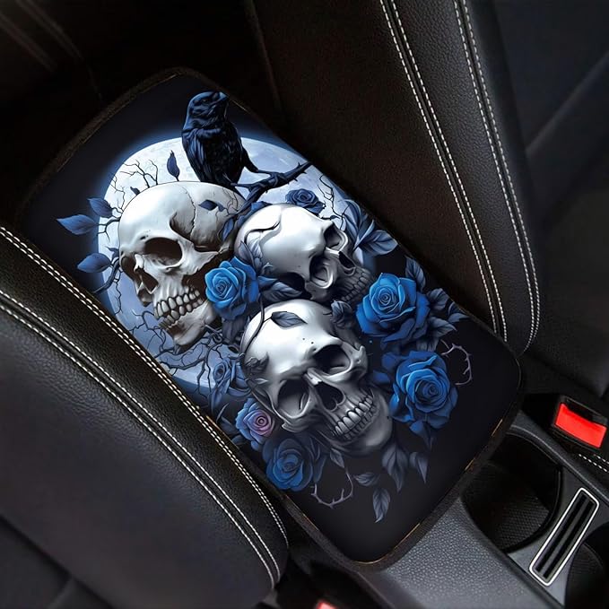 Dreaweet Goth Car Accessories for Women Interior Blue Rose and Skull Arm Rest Cover for Car Truck SUV Center Console Cushion Pad Anti Slip Comfort Padded Armrest Cover