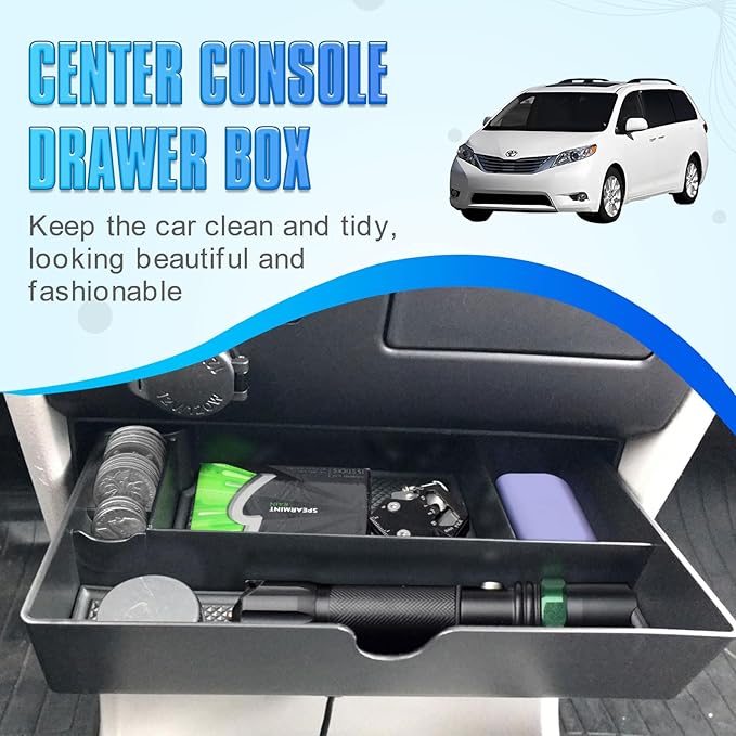 EDBETOS Console Drawer Tray Compatible with Toyota Sienna 2015-2019 2020 Interior Accessories Sienna Center Console Organizer Insert Tray Under Radio Storage Box Coin Container Phone Holder, ABS Black