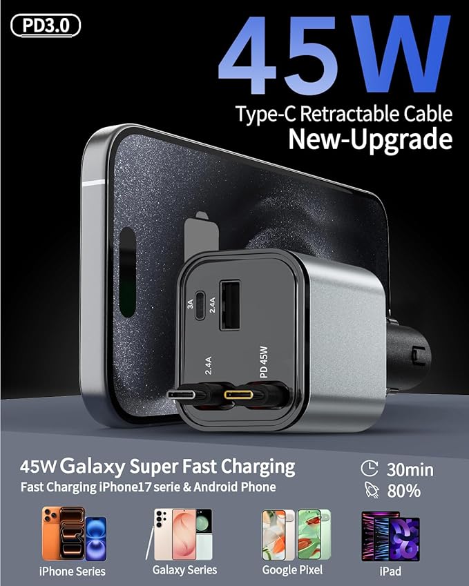 84W Upgraded Retractable Car Charger Adapter for iPhone 17,4 in 1 Fast Charging Car Phone Charger,USB C Car Truck Accessories,Road Trip Essentials Gift for Men for iPhone 17/16/15,Galaxy S26,Pixel 10