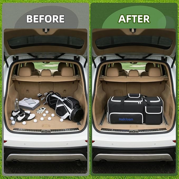 Golf Trunk Organizer, 2-Layer Car Trunk Locker with Ventilated Shoe Compartment for 2 Pairs, Adjustable Dividers, Multi-Pocket Storage for Balls Tees Gloves Towels