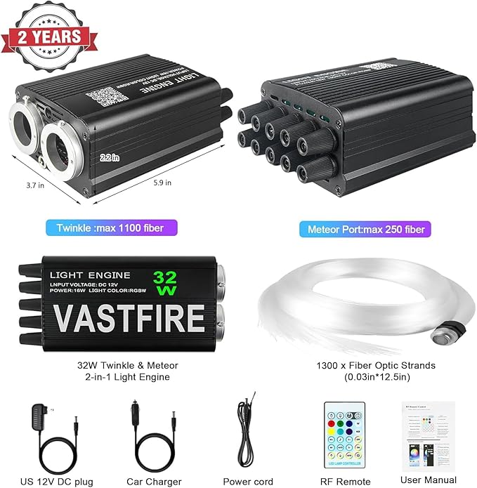 VASTFIRE Starlight Headliner Kit – 1300pcs Twinkle Meteor Fiber Optic Star Lights for Car, Bluetooth APP & Remote Control, RGBW Color Changing, DIY Interior Roof Ceiling Light, Sound Sync LED Kit