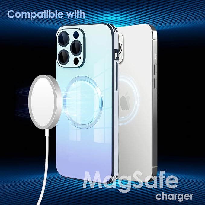 Guppy Compatible with iPhone 15 Pro Case Magnetic, with Full Camera Lens Protector [Compatible with MagSafe] Scratch Resistant Gradient Glass Back Cover Phone Case-Blue