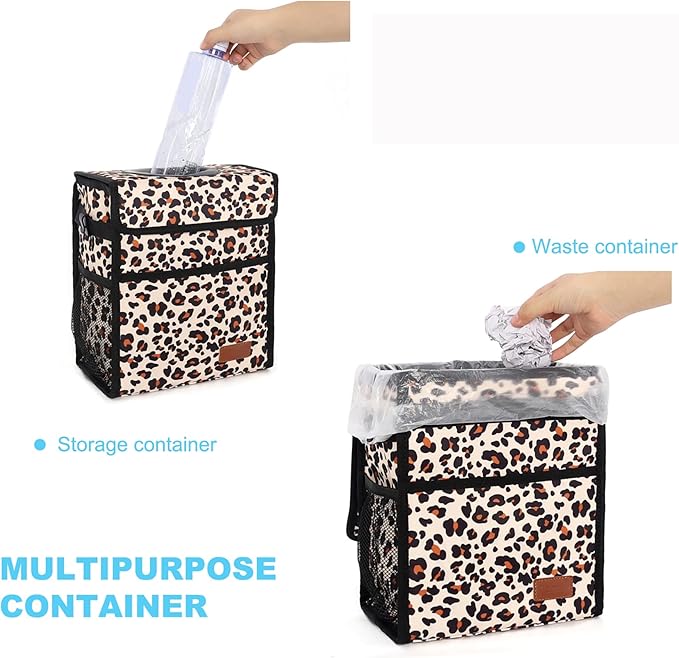 Femuar Leak Proof Car Trash Bag Large Capacity Waterproof Garbage Can with Lid for SUV Leopard Print