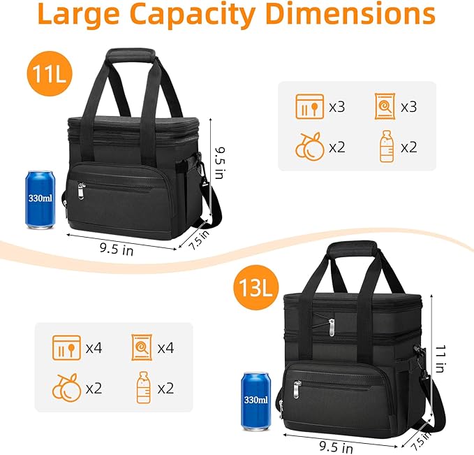 Insulated Lunch Box for Men & Women - Double Layer Leakproof Lunch Bag with Adjustable Shoulder Strap, Expandable Food Cooler for Work, Office, Travel, Camping (Black)