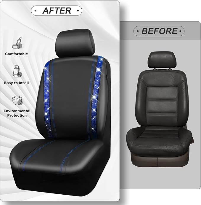 CAR PASS Leather Diamond Bling Car Seat Covers 2 Front Interior Sets, Waterproof Universal Shining Glitter Crystal Sparkle Fit for 95% Automotive Truck SUV Cute Women Girl, Black Blue Rhinestone