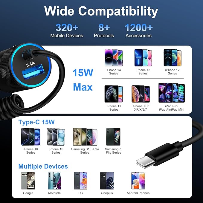 Samsung A17 Type C Fast Car Charger with 3ft USB C Coiled Cable for Galaxy S26/S25 Ultra/A16/A56/A15/A55/A35/A54/A14/A13 5G/Z Fold7/Pixel 10a/10/9 Pro/iPhone 17, 3.4A Android Car Phone Charger Adapter