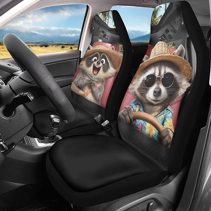 Funny Raccoon Car Seat Cover Front Seats Only,Soft Front Bucket Seat Cover Decorative Saddle Blanket Cushion Cover for Cars Trucks and SUVs