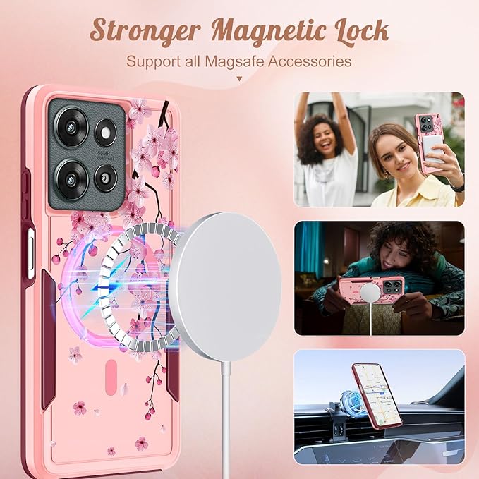 for Moto G 2025 Case Women - Compatible with MagSafe Cute Girls Magnetic Protective Phone Cover Girly Kawaii Flower Blossom Heavy Duty Shockproof Design for Motorola Moto G 5G 2025 Cases