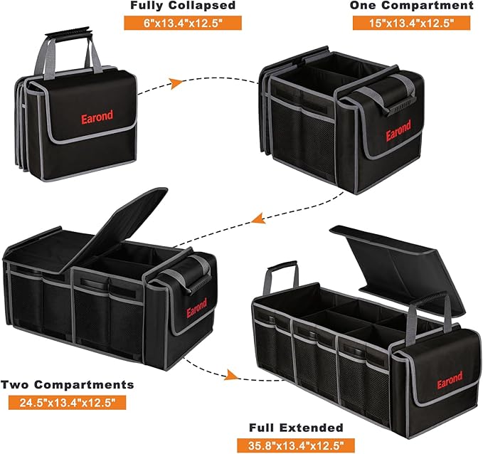 Collapsible Trunk Organizer with Insulated Leakproof Cooler Bag,Removable Lid,Adjustable Securing Straps,3 Compartments Trunk Organizer for SUV,Truck,Sedan(Grey & Black)