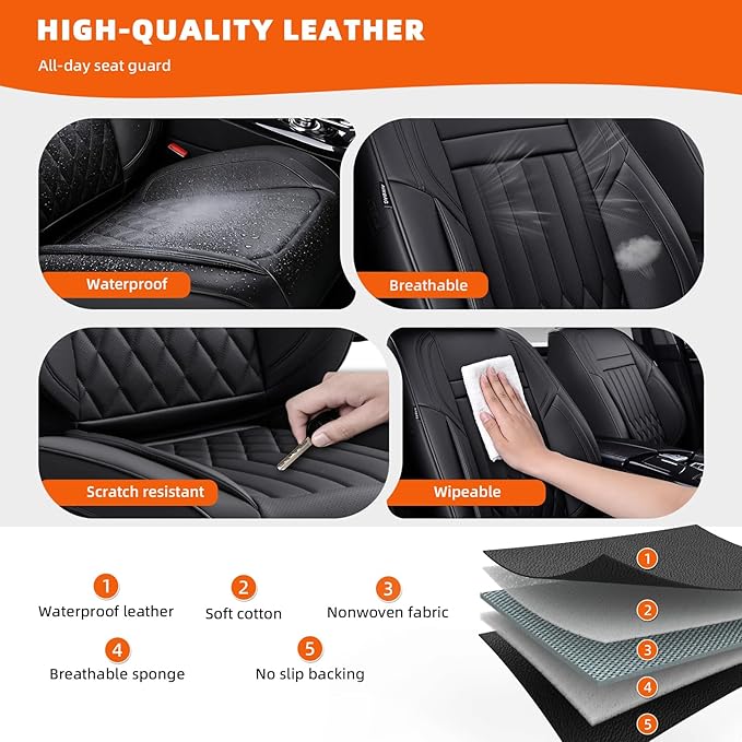 KEYOOG Car Seat Covers Leather Full Set Universal 5-Seater Waterproof Breathable Nappa, Compatible with Honda Civic, Toyota Camry Corolla, Nissan Rogue Sentra, Fit for Front Rear Seats Most Sedans SUV