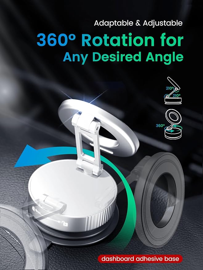 Vacuum Magnetic Phone Holder for MagSafe,Foldable Metal Suction Cup Phone Mount,360° Rotatable Phone Mount for All Smartphones & All Car Models-Silver