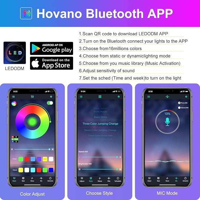 Hovano Car Interior LED Lights, APP Control with Car Charger, RGB Color Change with Music Sync & DIY Mode, 12V 2 Lines Design for Under Dash Running Board Truck