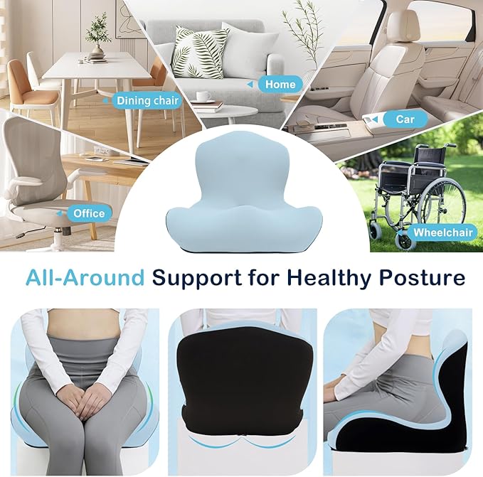 Seat Cushion, Office Chair Cushion, L-Shaped Ergonomic Car Seat Cushions, Memory Foam Chair Cushion, Lumbar Support Pillow for Wheelchair, Car, Home, Office, Desk, Blue
